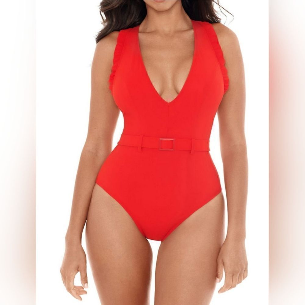 SKINNY DIPPERS Belted Ruffle Tummy Control OnePiece Swimsuit SZ M NWOT Red